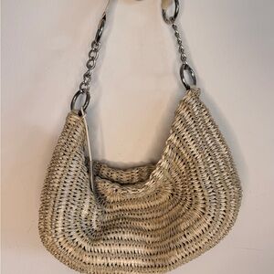 Elliott Lucca Woven leather Hobo Bag with Chain Strap cream